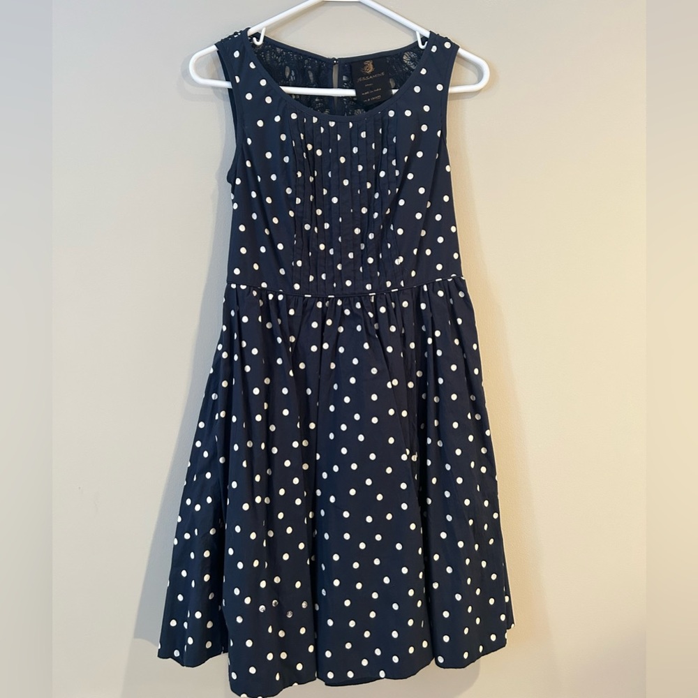 Navy with White Dots Sleeveless Dress with Lace Back Size Small